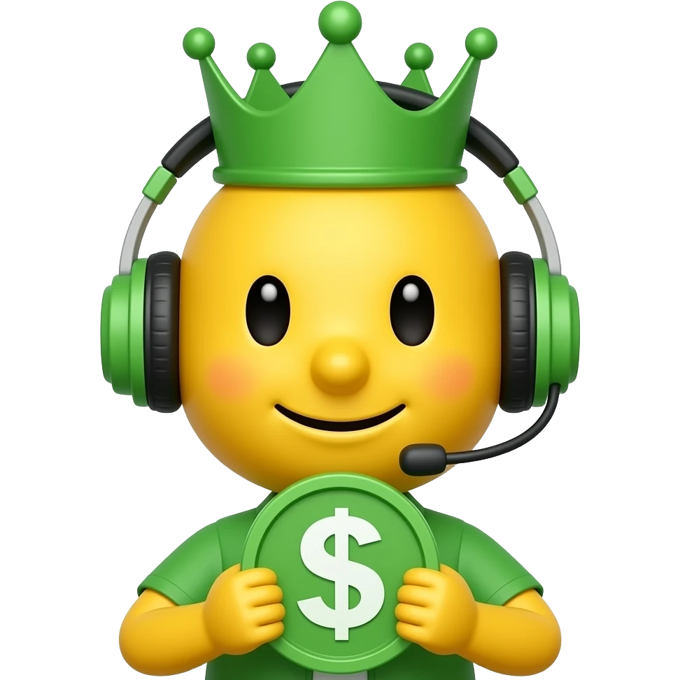 Yellow face emoji with eyes with a crown green tinge out with money symbol with headphones on emoji