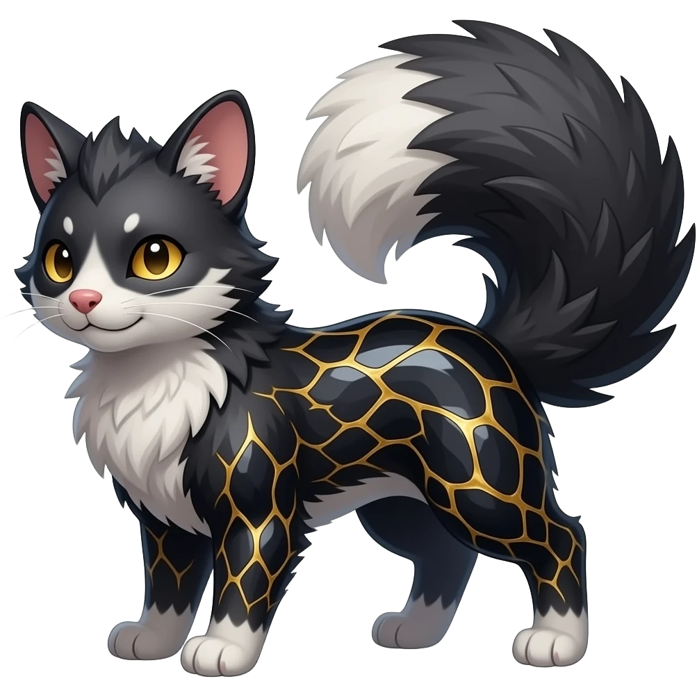 Hyper realistic obsidian fur etched with molten gold fault-lines and dark mirror shine beautiful elegant pretty precious cute Fakémon-Pokémon-opossum-feline-serval-caracal-chinchilla-Furret-Minccino-hybrid-creature with a big fluffy bushy tail (full body) emoji