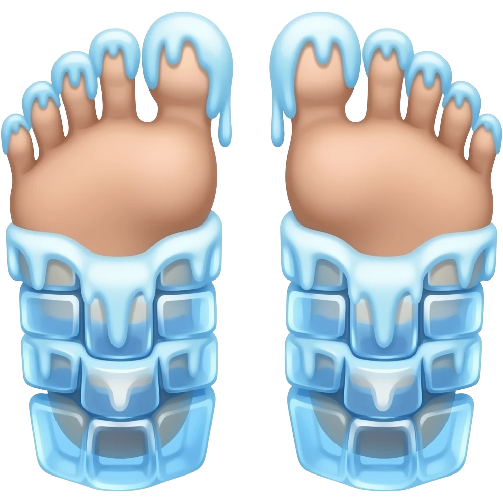 A humorous literal interpretation of “Cold Feet”.  Feet covered in ice cubes, frozen and shivering, exaggerated cartoon style, bright colors, playful, 3D illustration, funny expression. emoji