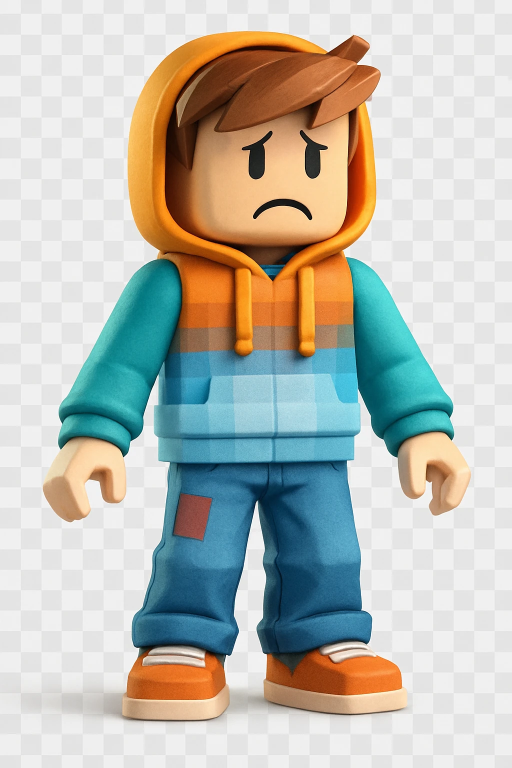 Edit the character in the original Roblox style with a sad expression, keeping the original Roblox style and background. emoji