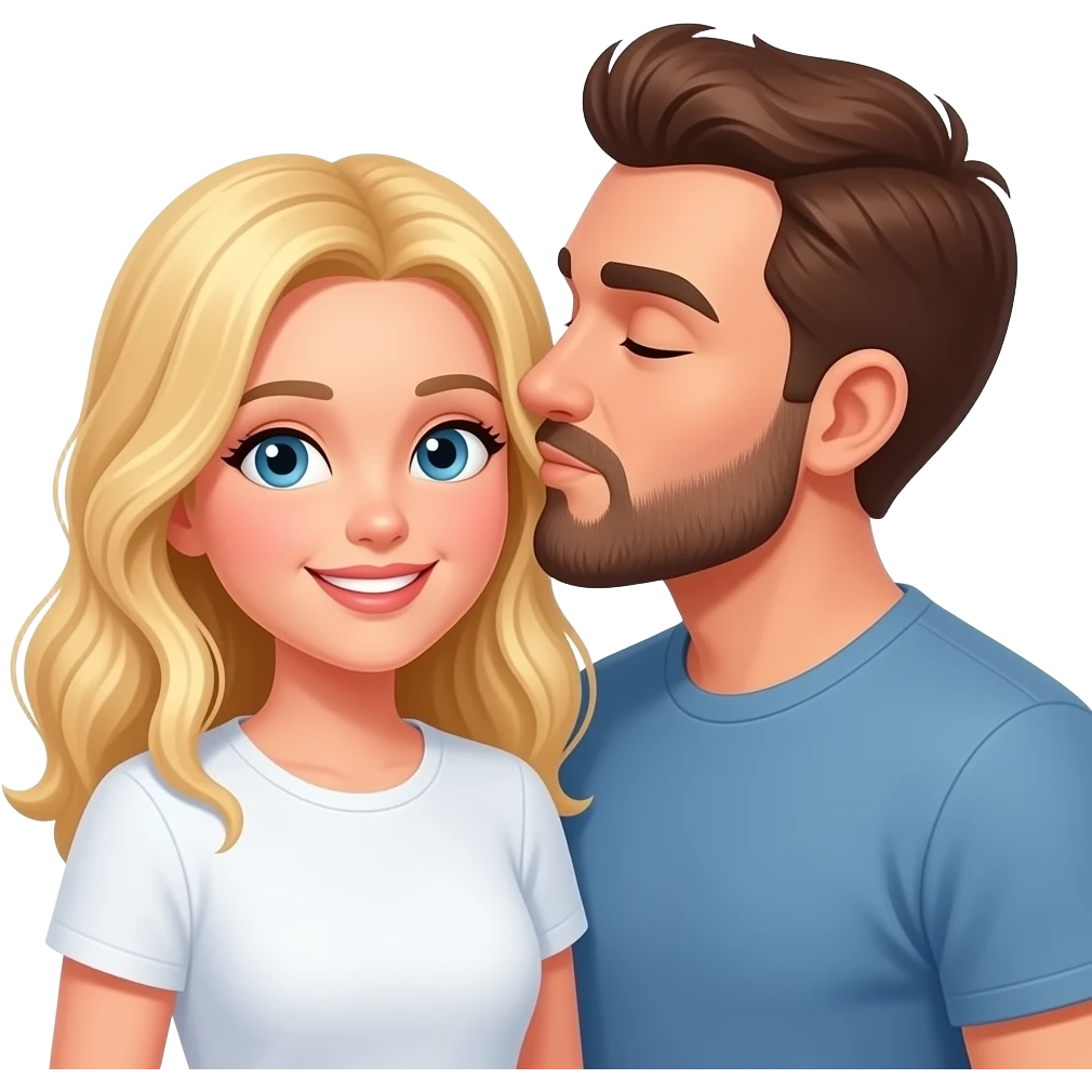 Man with brown hair and beard kissing blonde woman. The woman is wearing a T-shirt emoji