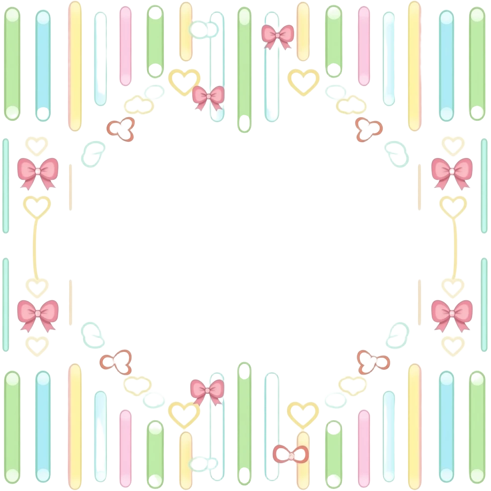 many light blue , pink, green and yellow colored glowly straight, vertical, and horizontal lines, small outlined hearts, bows and circles of the same colour scattered messily and without a pattern far from each other like a picture border emoji