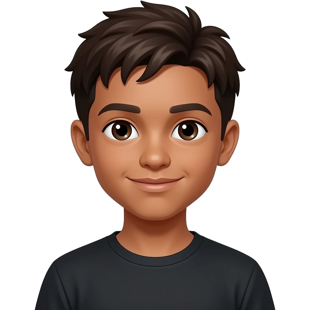 um menino de 13 anos com cara de 12, ele tem cabelo marrom escuro e pele negra, o olho dele  é castanho escuro e ele está usando uma camisa preta emoji