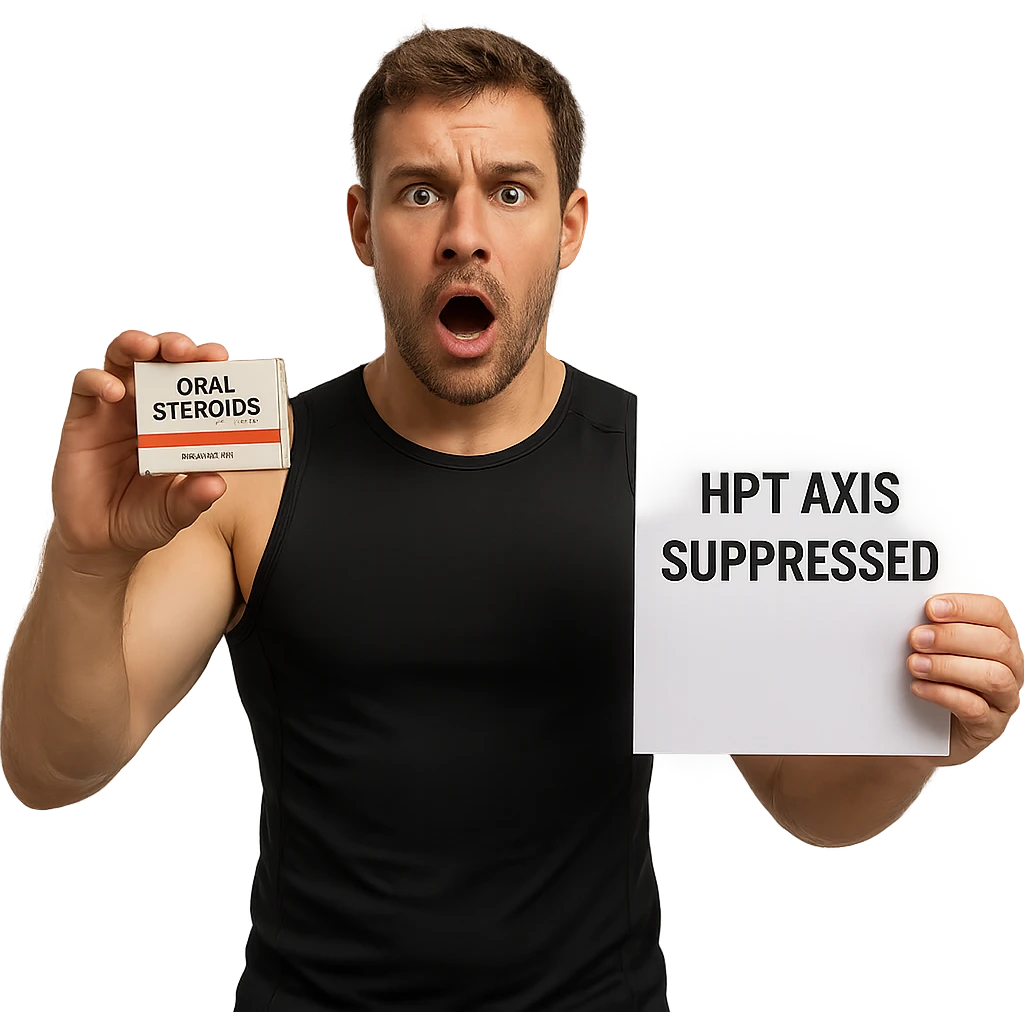 athlete showing box of oral steroids and paper with text 'HPT axis suppressed', shocked expression, isolated on white background emoji