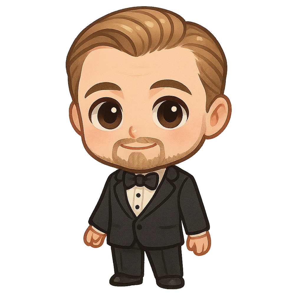 Leonardo DiCaprio as chibi character, big eyes, cute and formal emoji