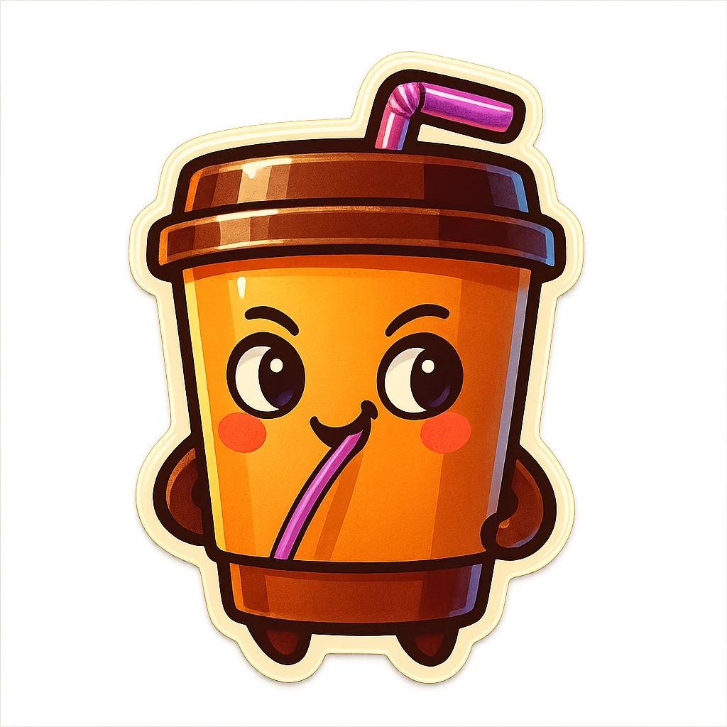 Tall coffee cup, amused, mischievous, drinking coffee with straw, looking sideways emoji