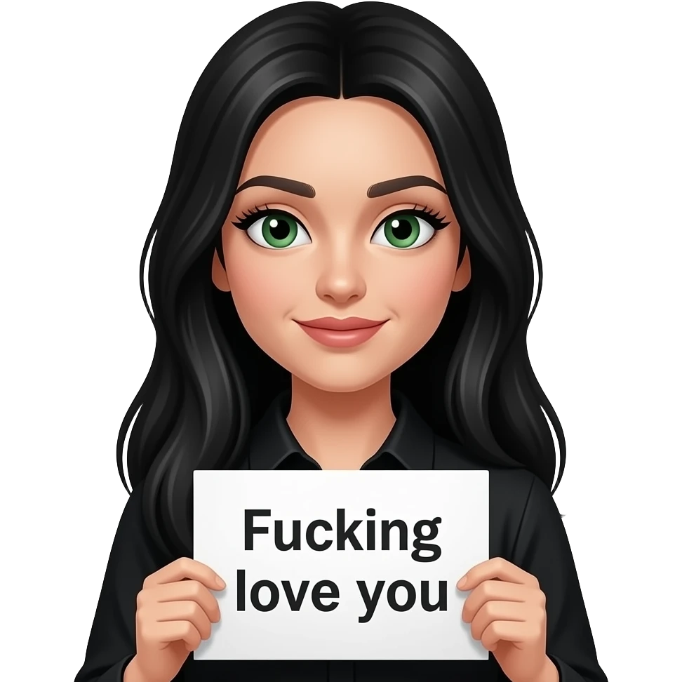 A beautiful woman with long jet black hair and green eyes and pale skin and very long eyelashes wearing a black shirt and holding a sign saying “Fucking love you” emoji