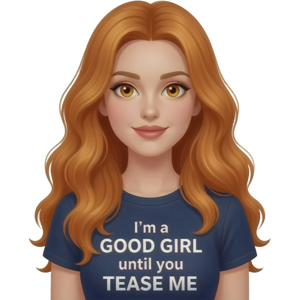 sexy girl with overlong ginger hair and ginger eyes a top with I'm a GOOD GIRL until you TEASE ME written on it emoji