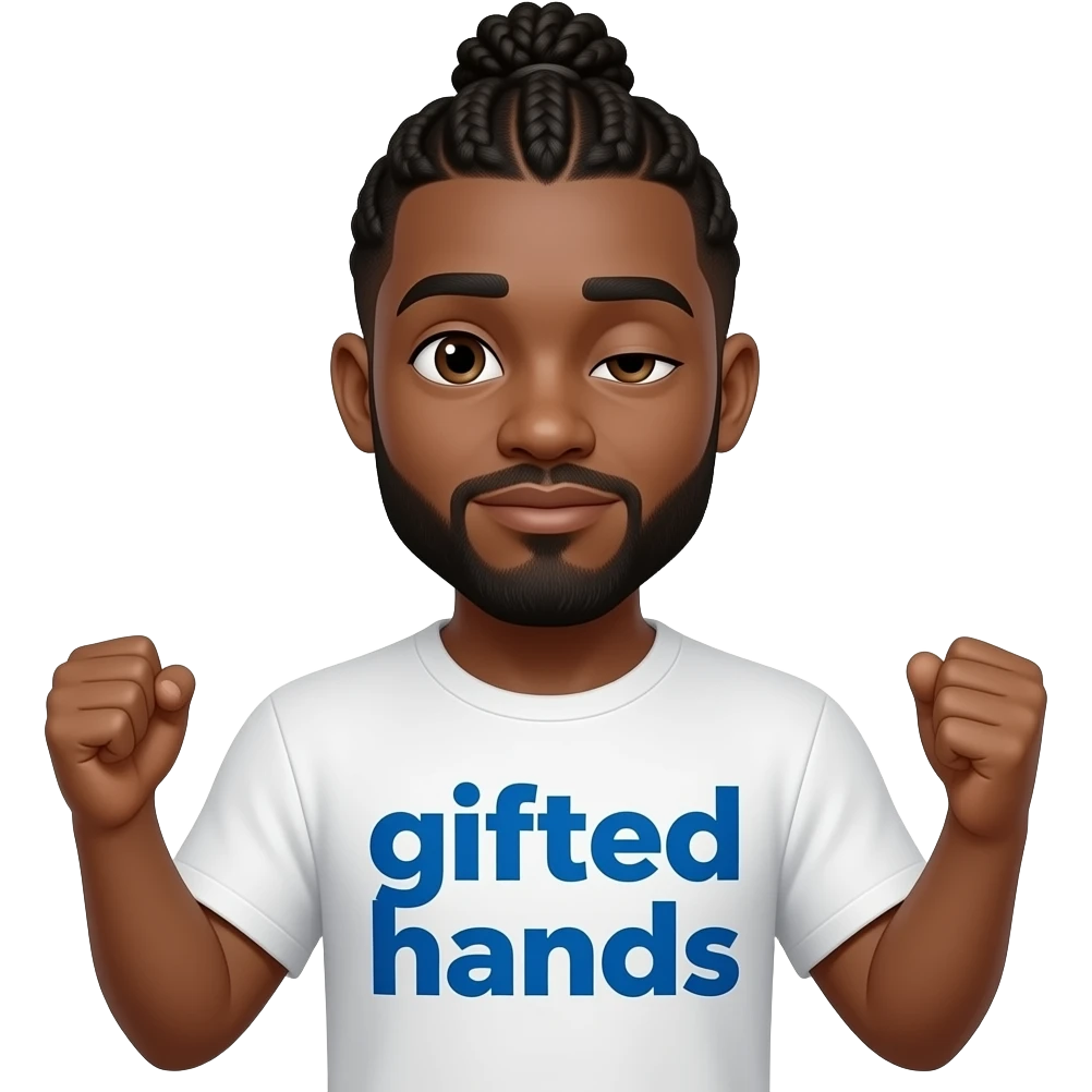 African American man with missing left arm and right arm missing a hand with cornrow braids into a man bun with a lazy eye wearing a white shit that says gifted hands in bold blue letters emoji