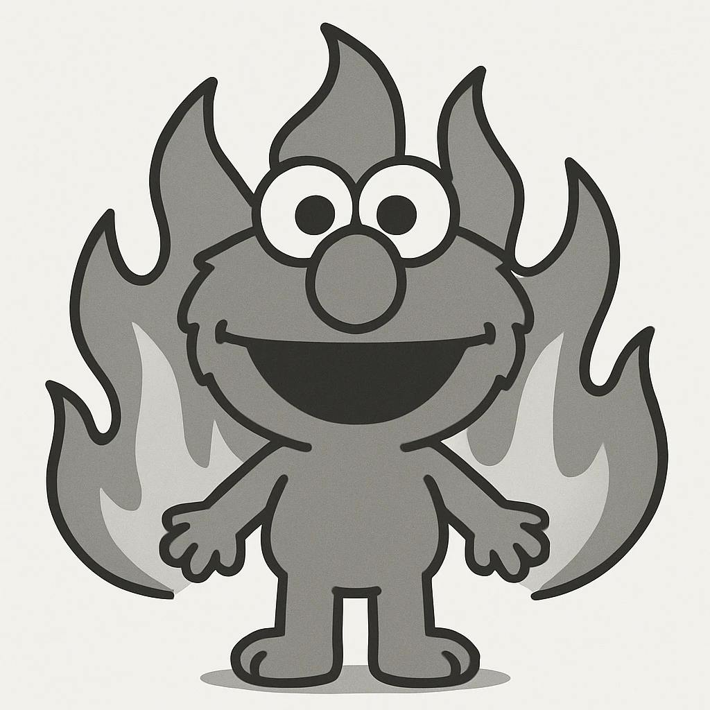 Elmo character with fire in the background, minimal and flat design emoji
