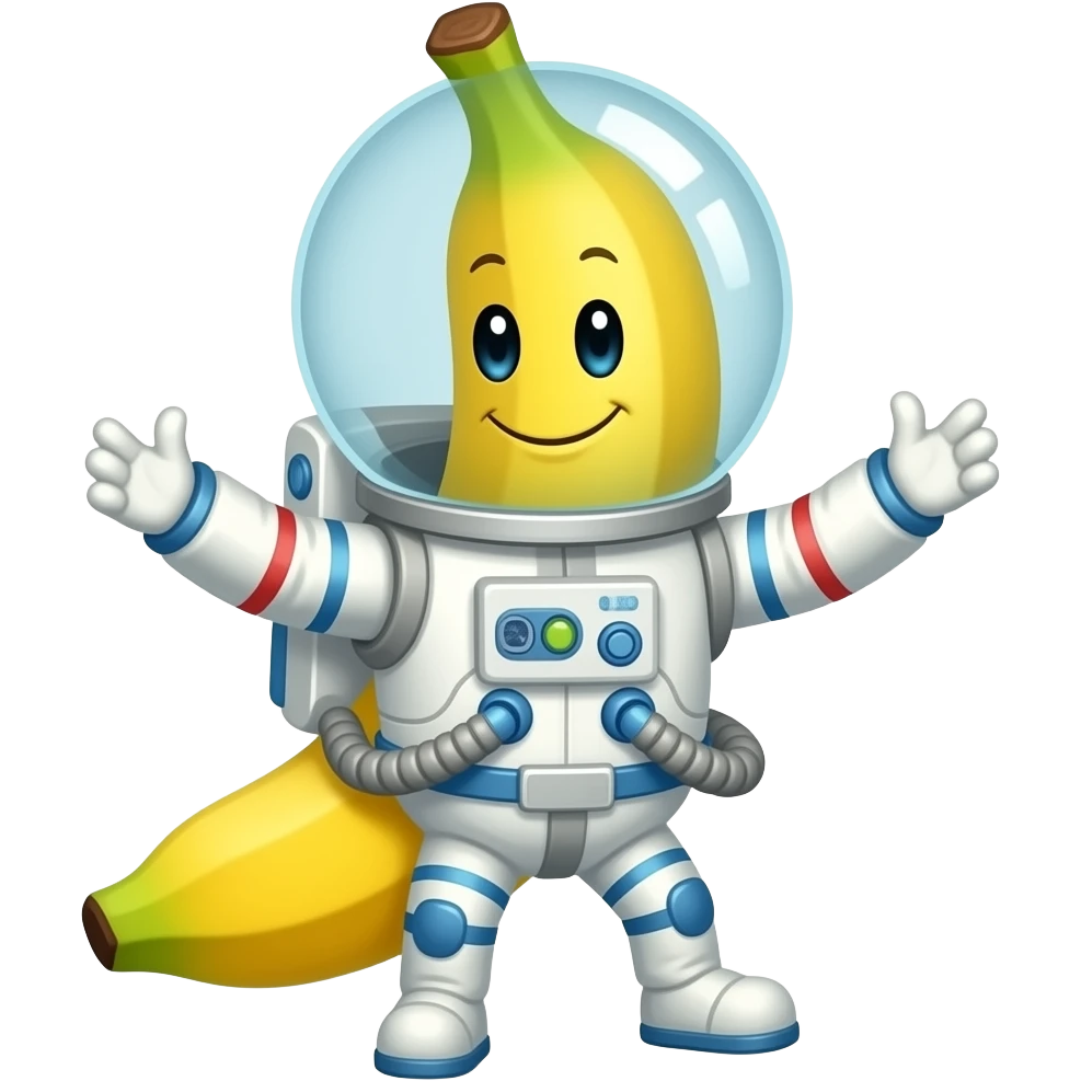 The emoji depicts a smiling space banana in a spacesuit with arms and legs. emoji