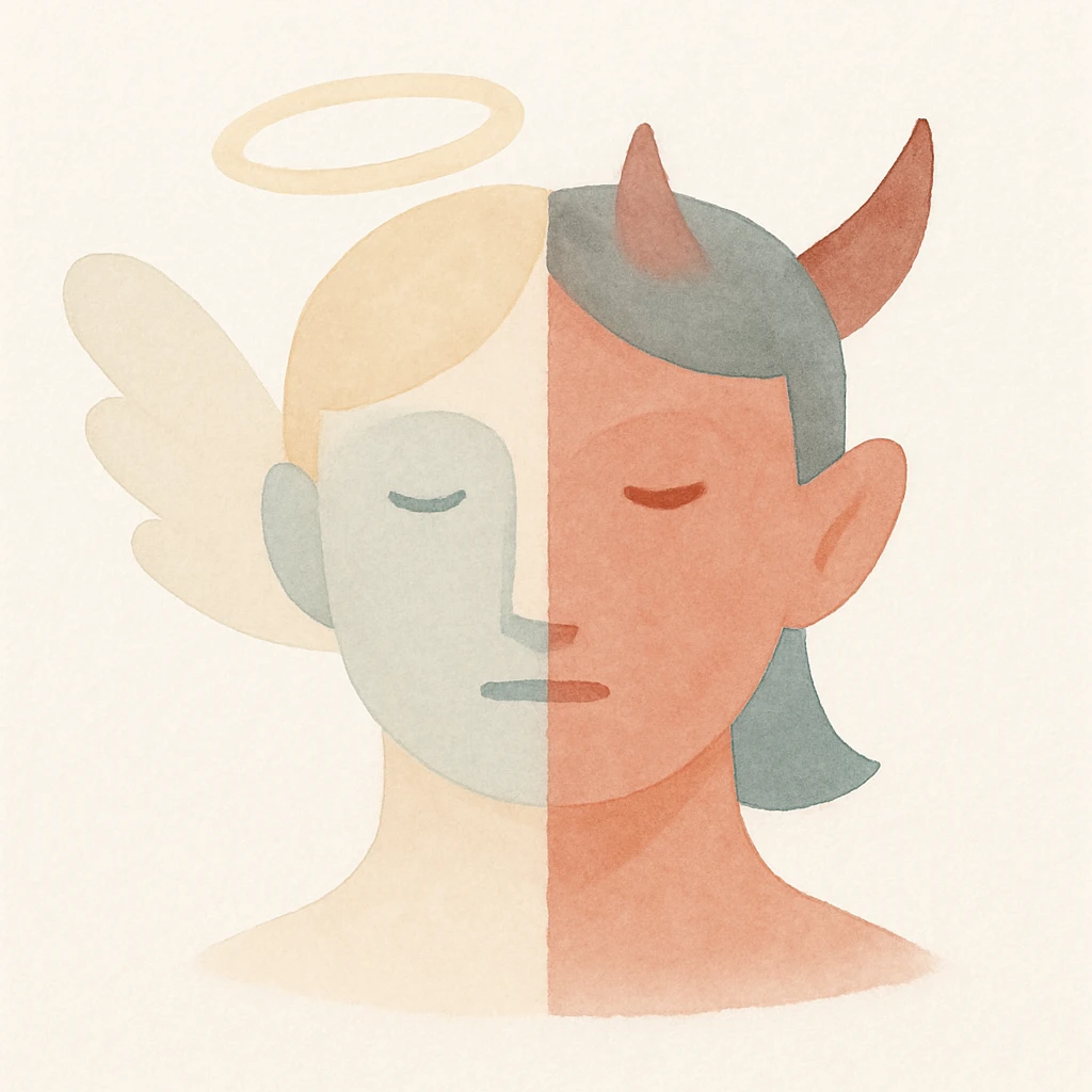 half animated face of an angel and half animated face of a devil, painterly style with soft colors emoji