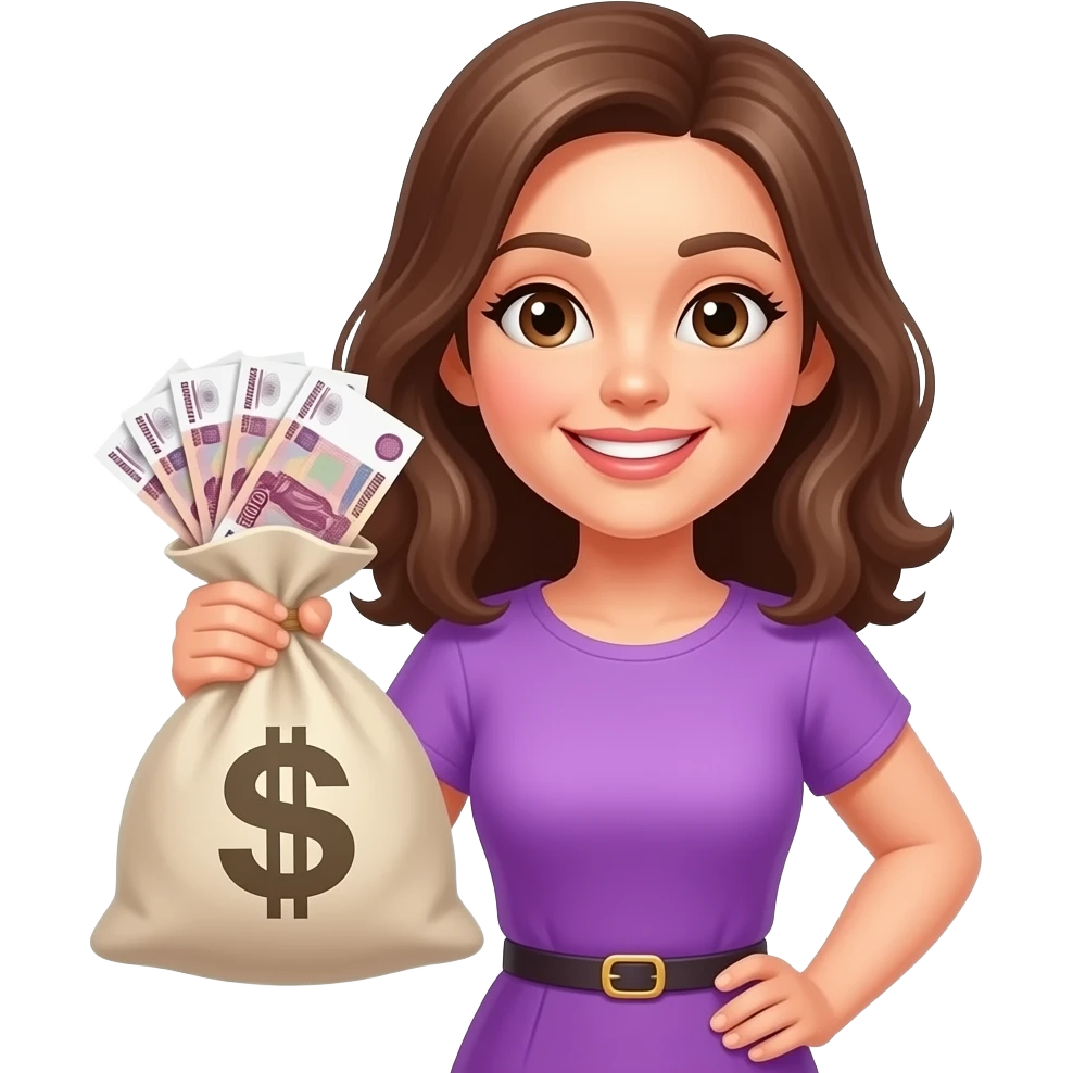 Счастливая женщина с мешком рубли в фиолетовой одежде не доллар emoji