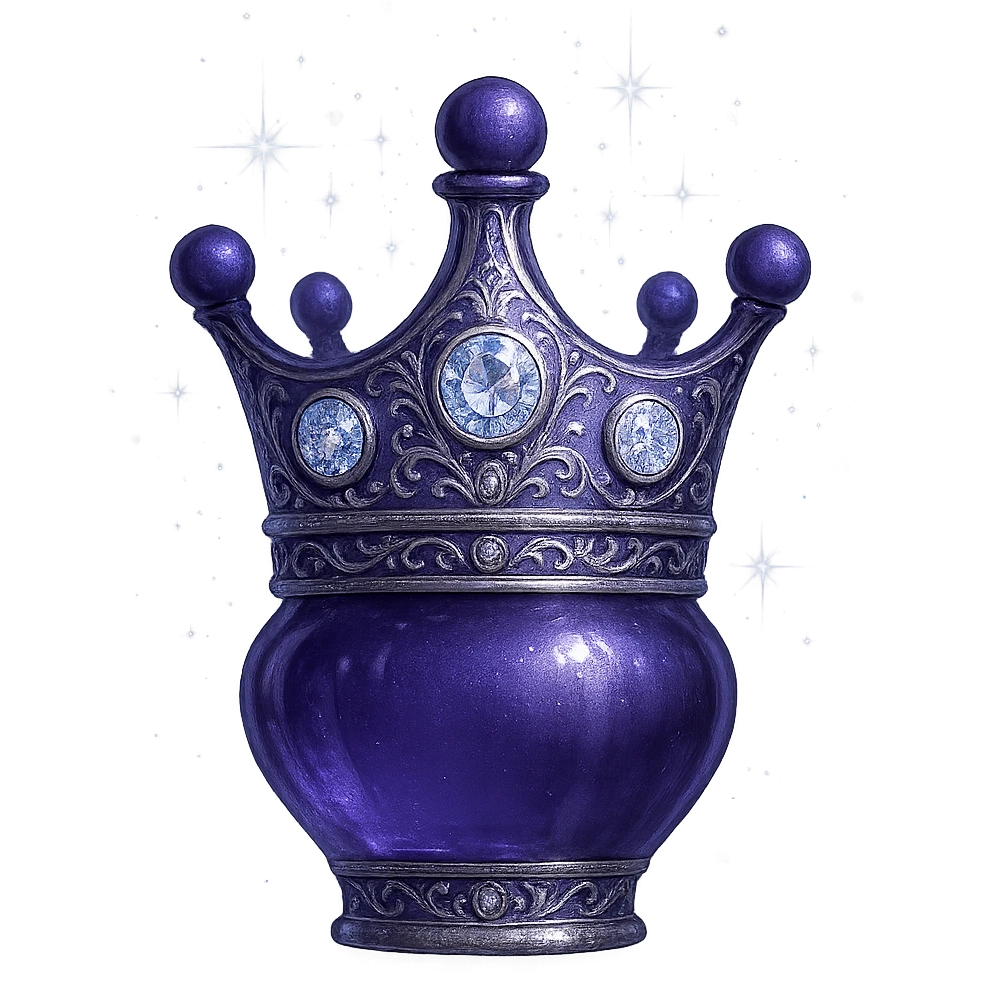 Transform this crown into an even more luxurious small elixir bottle: keep the crown shape and color #7986cb, make the bottom merge smoothly into a bottle/flask, add even richer silver and iridescent details, extra magical glowing and sparkling effects, very small neck, seamless bottom, floating in air, transparent background, no base or shadow, modern, luxury collection style. Style: modern luxury collection, transparent background, floating, intricate silver and iridescent details, magical glowing and sparkling effects. emoji