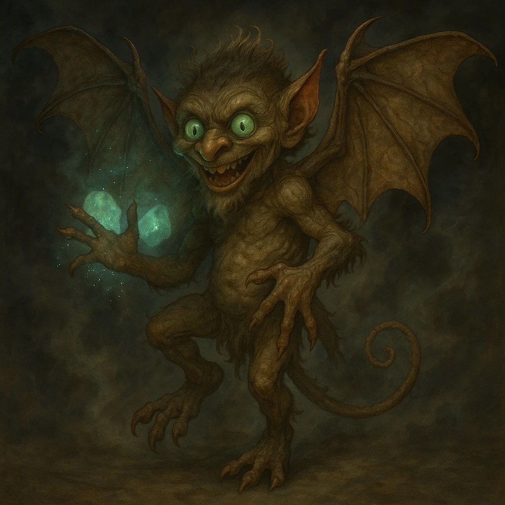 Add a smoky, magical background behind Igor the mephit, keeping the fantasy vibe. Maintain the fantasy style and atmosphere in the background to complement the character. emoji