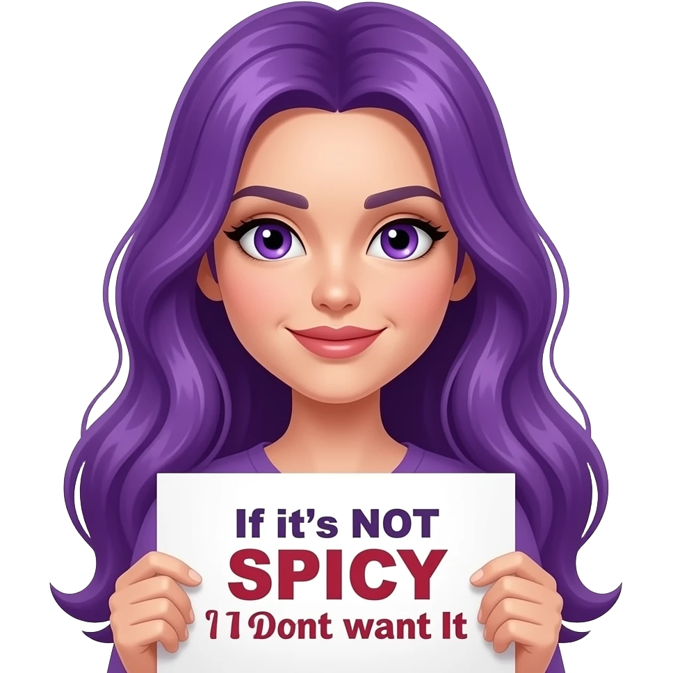 sexy girl with long purple hair and purple eyes holding a If it's NOT SPICY then I DON'T WANT IT sign emoji
