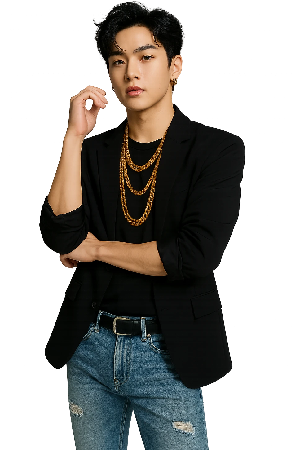 kpop idol star with gold chains, fashionable emoji