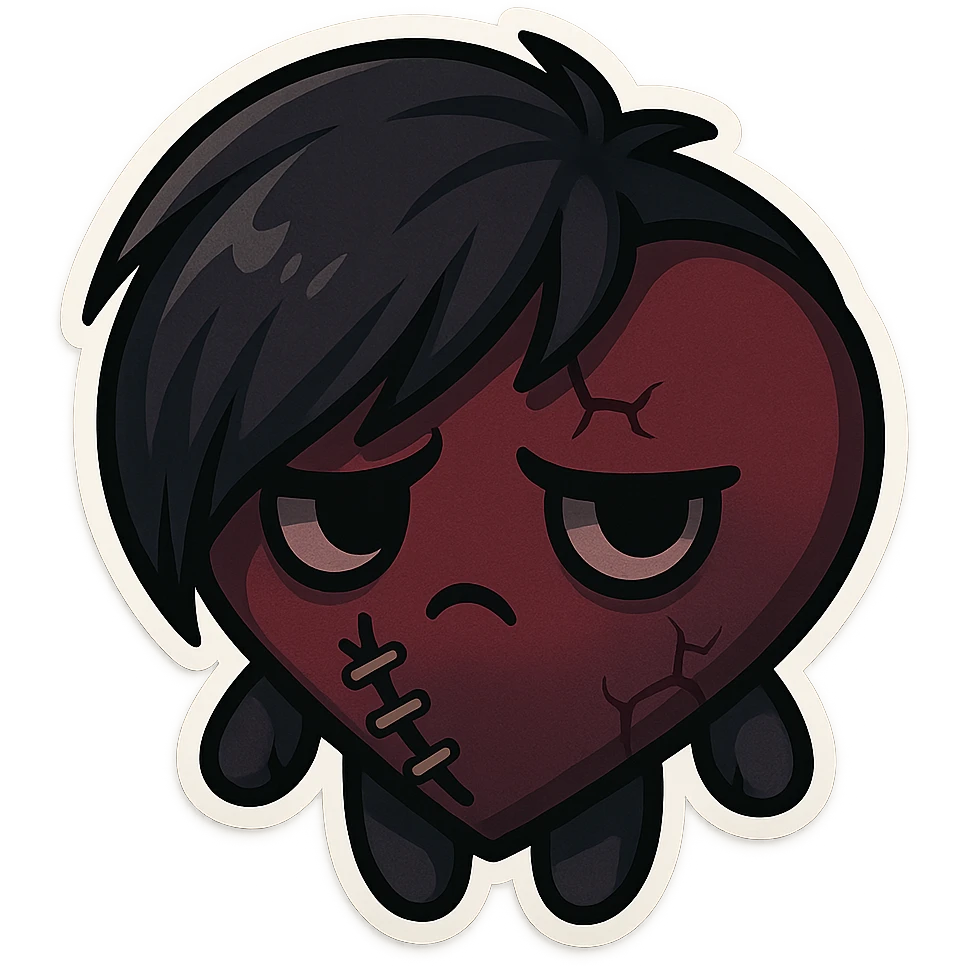 emo heart, black and deep red, stitched, broken or cracked, moody atmosphere, chibi style emoji