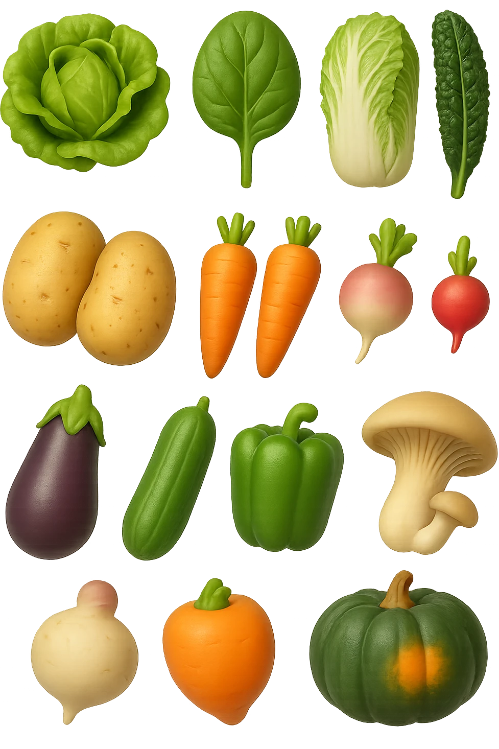 emoji stile iphone 3d di Lattuga, spinaci, cavolo cinese, cavolo nero
Patate, carote, rape, ravanelli
Melanzane, cetrioli, peperoni verdi
Funghi ostrica
Zucca kabocha
 che fluttuano in aria, iperealistico 4k emoji