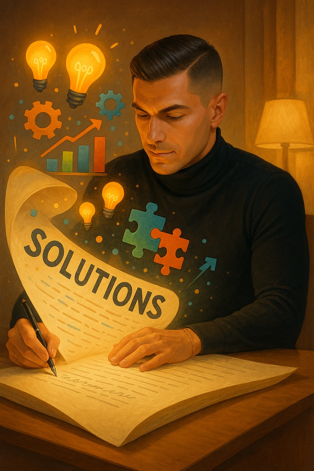 Un uomo concentrato, seduto alla sua scrivania in una stanza con luce calda, sta scrivendo su un enorme foglio di carta che si espande magicamente davanti a lui. Mentre scrive, le parole si trasformano in elementi visivi tridimensionali che rappresentano le soluzioni ai suoi problemi emoji