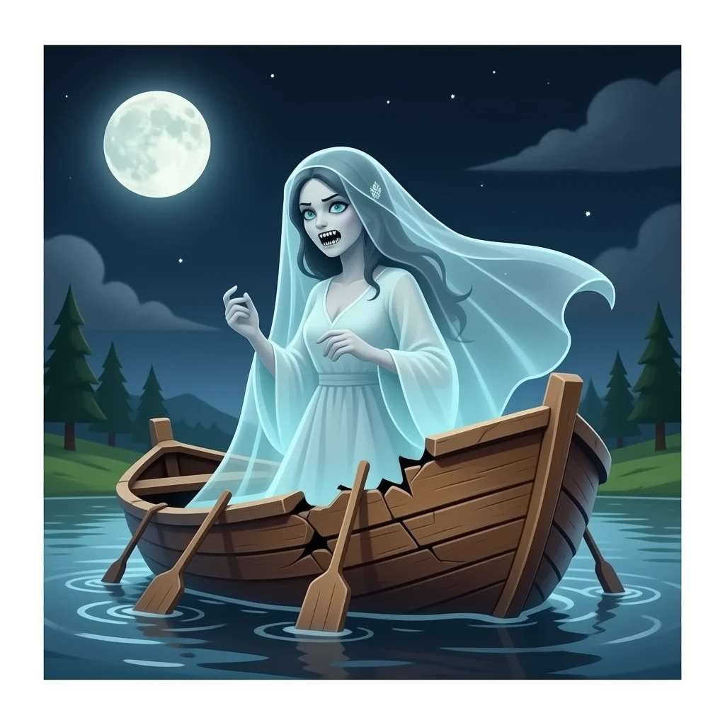 cinematic surrealistic - a broken boat with a terrifying female apparition around which a transparent veil flutters emoji