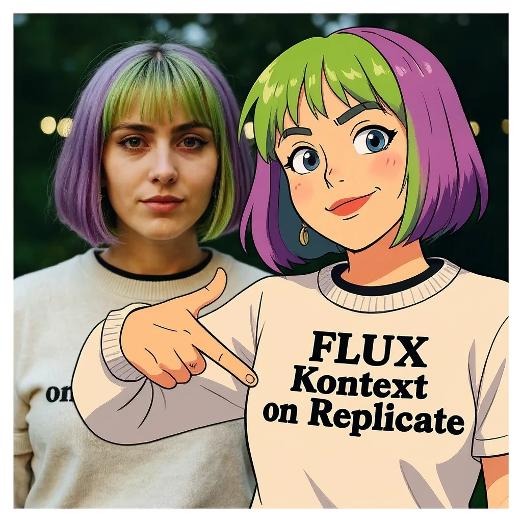 make a image of a girl with a anime version of that girl beside her wearing tshirt with text of "FLUX Kontext" emoji