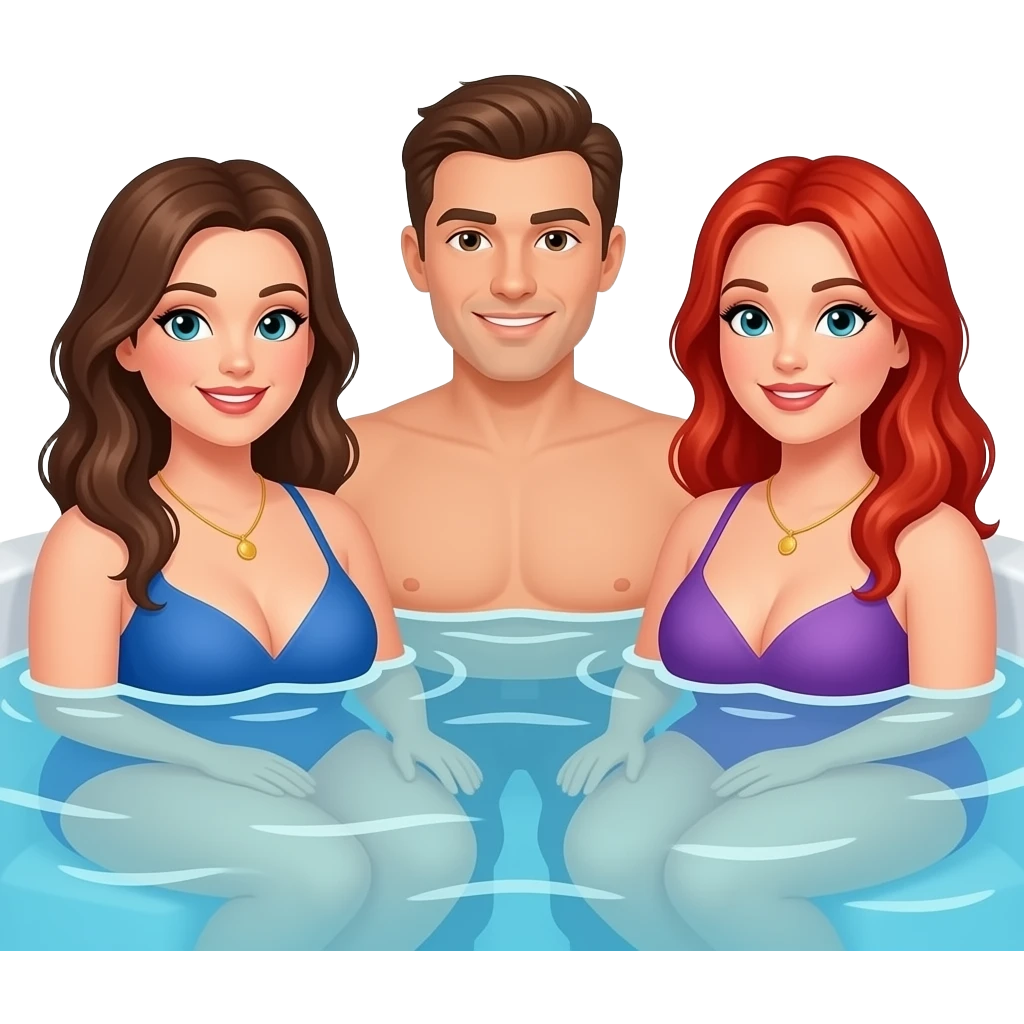 2 curvy women,  1 brunette, 1 red head  and 1 guy in a hot tub emoji