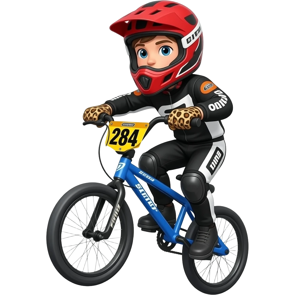 boy rider bmx jumping on a blue bike in red full face helmet and black and white full race suit with a yellow race plate 284 with leopard skin gloves emoji