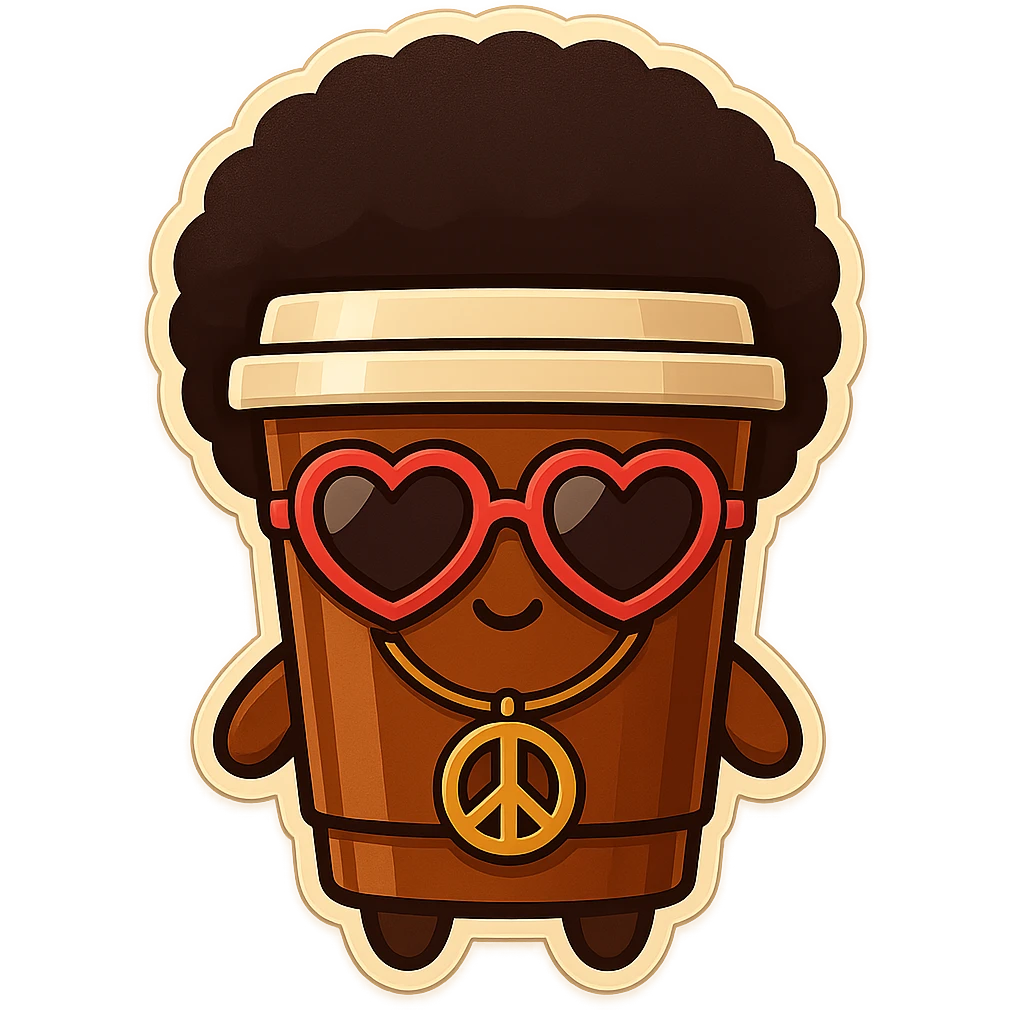 Tall coffee cup, no mouth, afro, heart glasses, peace sign necklace emoji