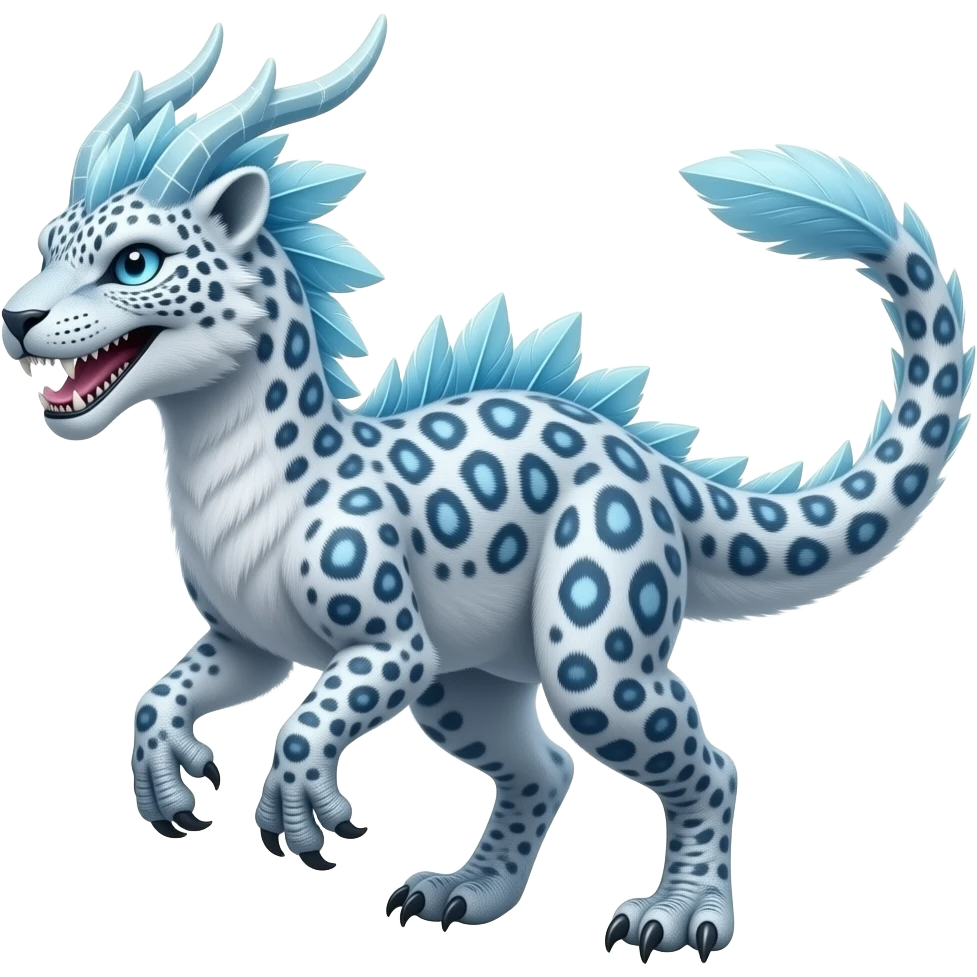 Realistic tribal-patterned tribal furry fuzzy fluffy Shiny futuristic glacial icy feathery beautiful gorgeous snow-leopard-velociraptor-Absol-Charizard-Hybrid emoji