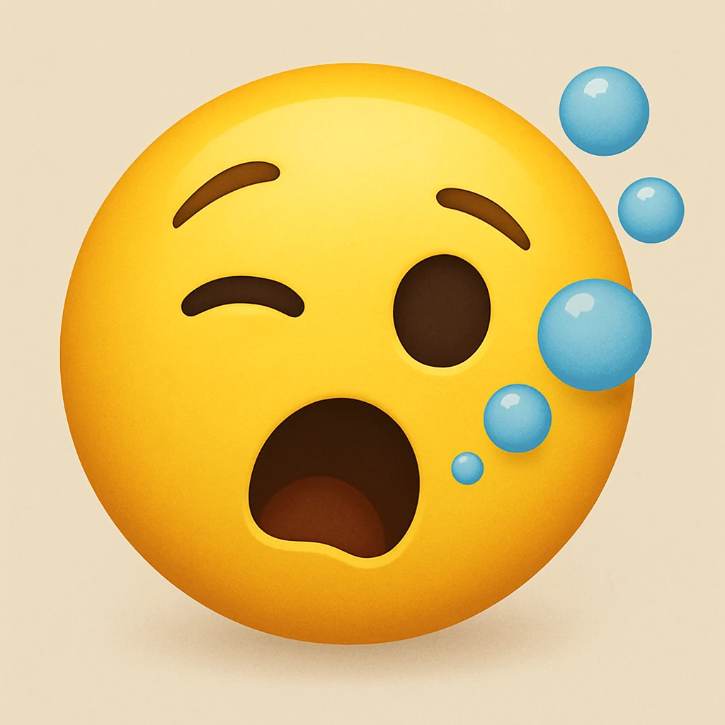 yellow face with one eye closed, mouth open, bubbles, drunk expression emoji