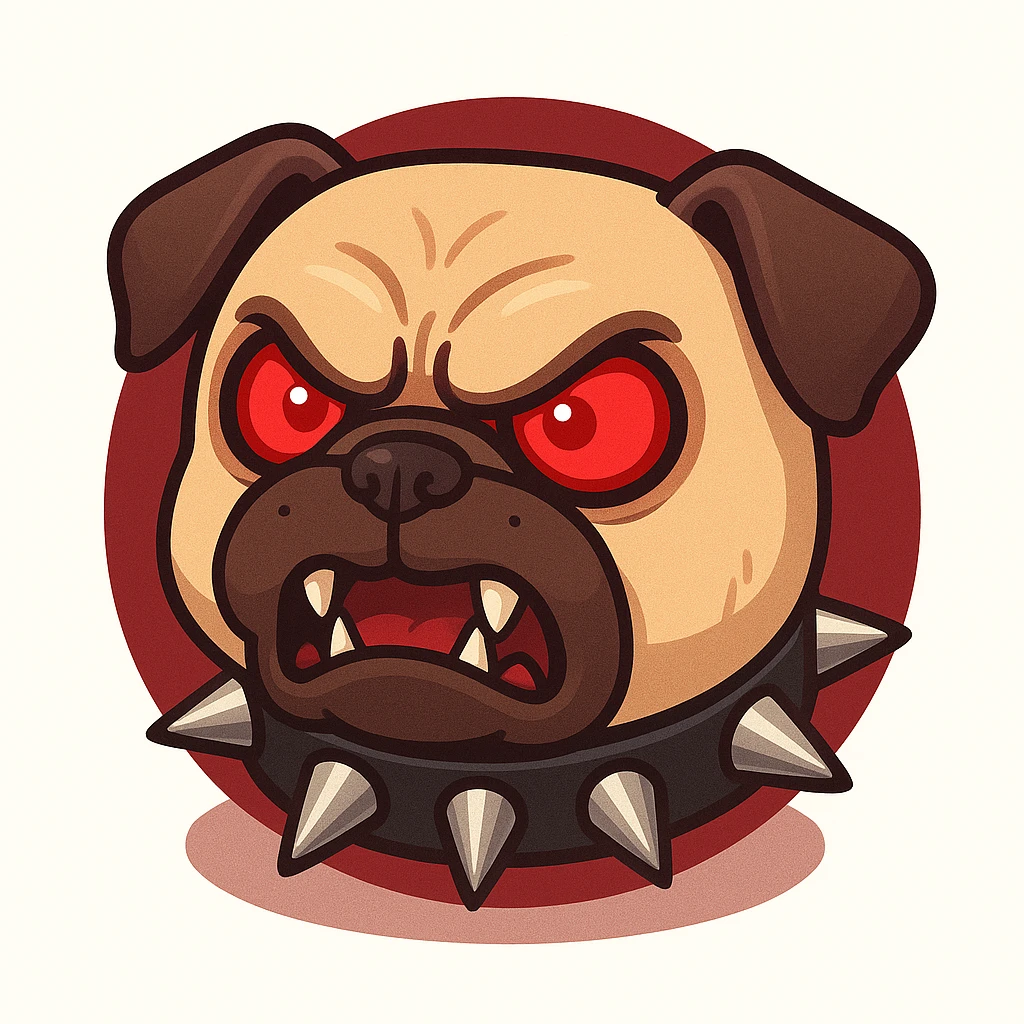 angry pug emoji with bright red eyes, furious expression, sharp fangs, black collar with large metal spikes, intimidating but funny appearance, cartoonish 2D style, simple or dark red circular background, ideal for a rebellious or tough emoji emoji