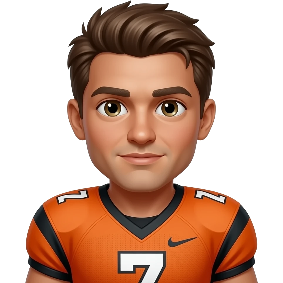 Make an American football player wearing the number 7 with orange and black. Make sure they have brown hair and is turned around so I don’t see make the skin color tan emoji