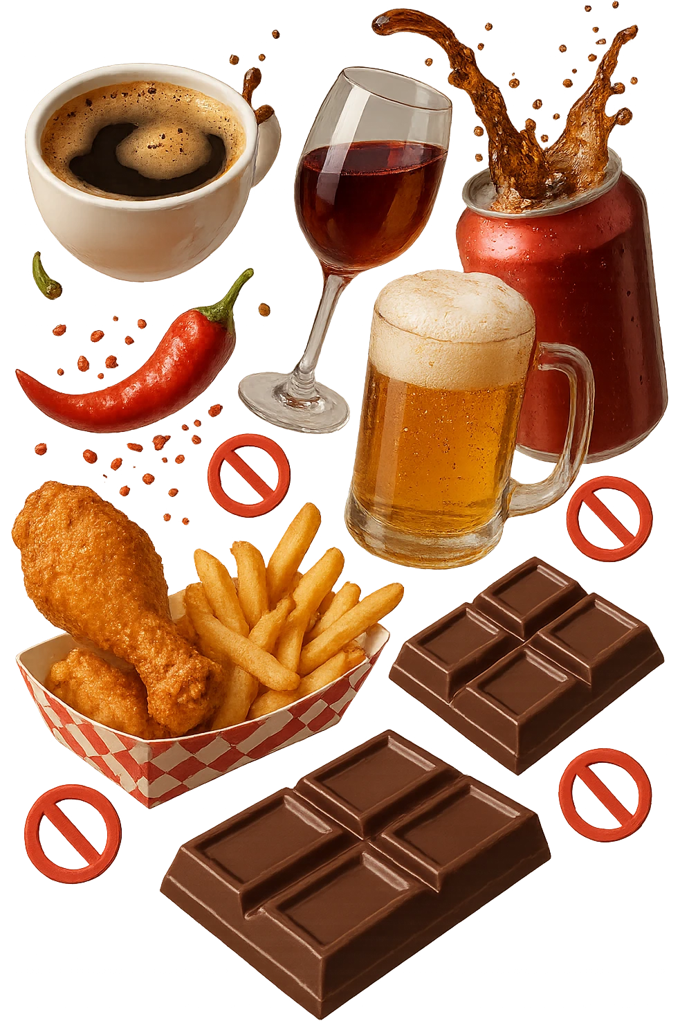 caffeina, alcolici, cibi piccanti, fritti, cioccolato e bevande gassate cadono dall'alto con piccoli divieti in 3d, iperrealistico 4k emoji