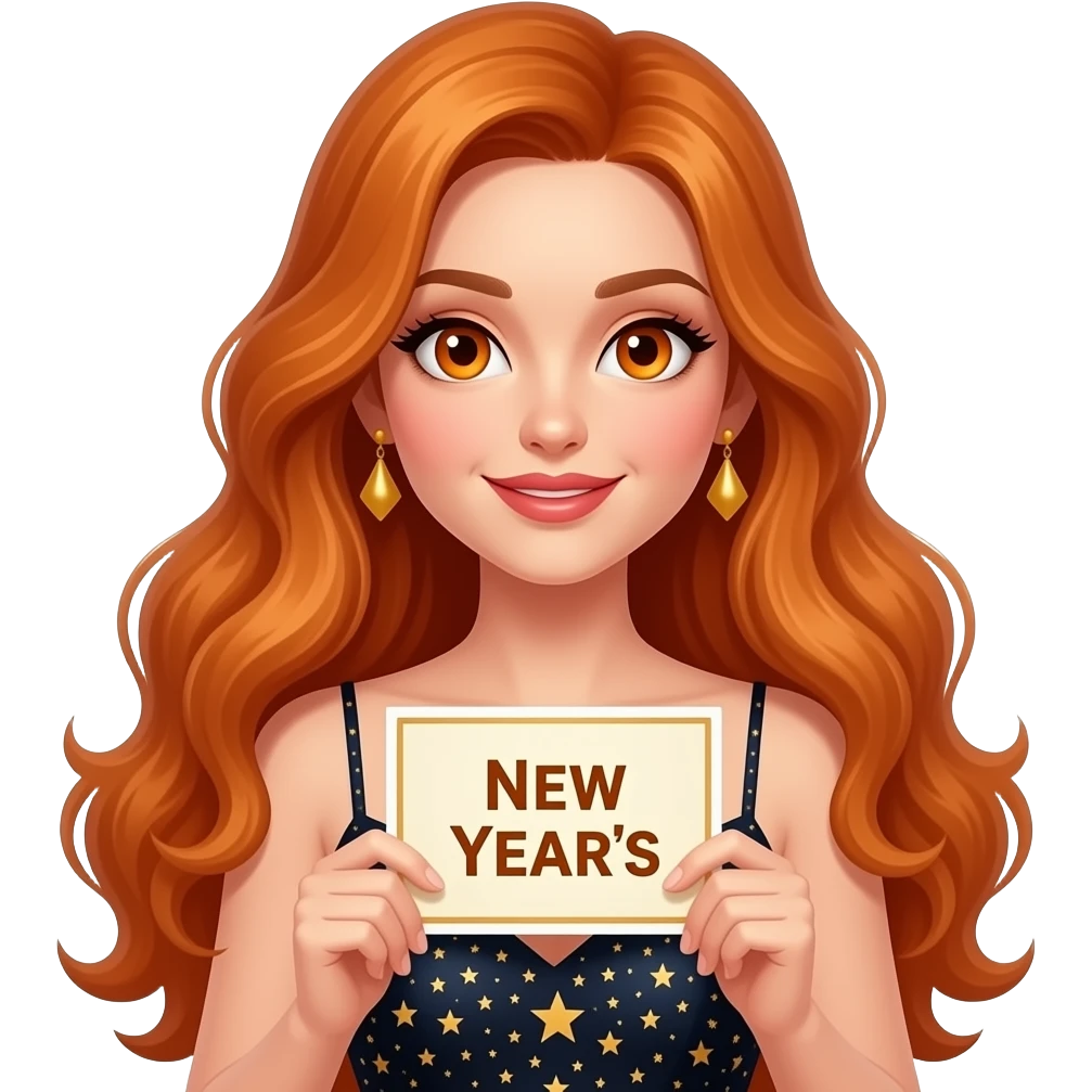 sexy girl with overlong ginger hair and ginger eyes wearing a new years eve dress holding a NEW YEARS EVE sign emoji