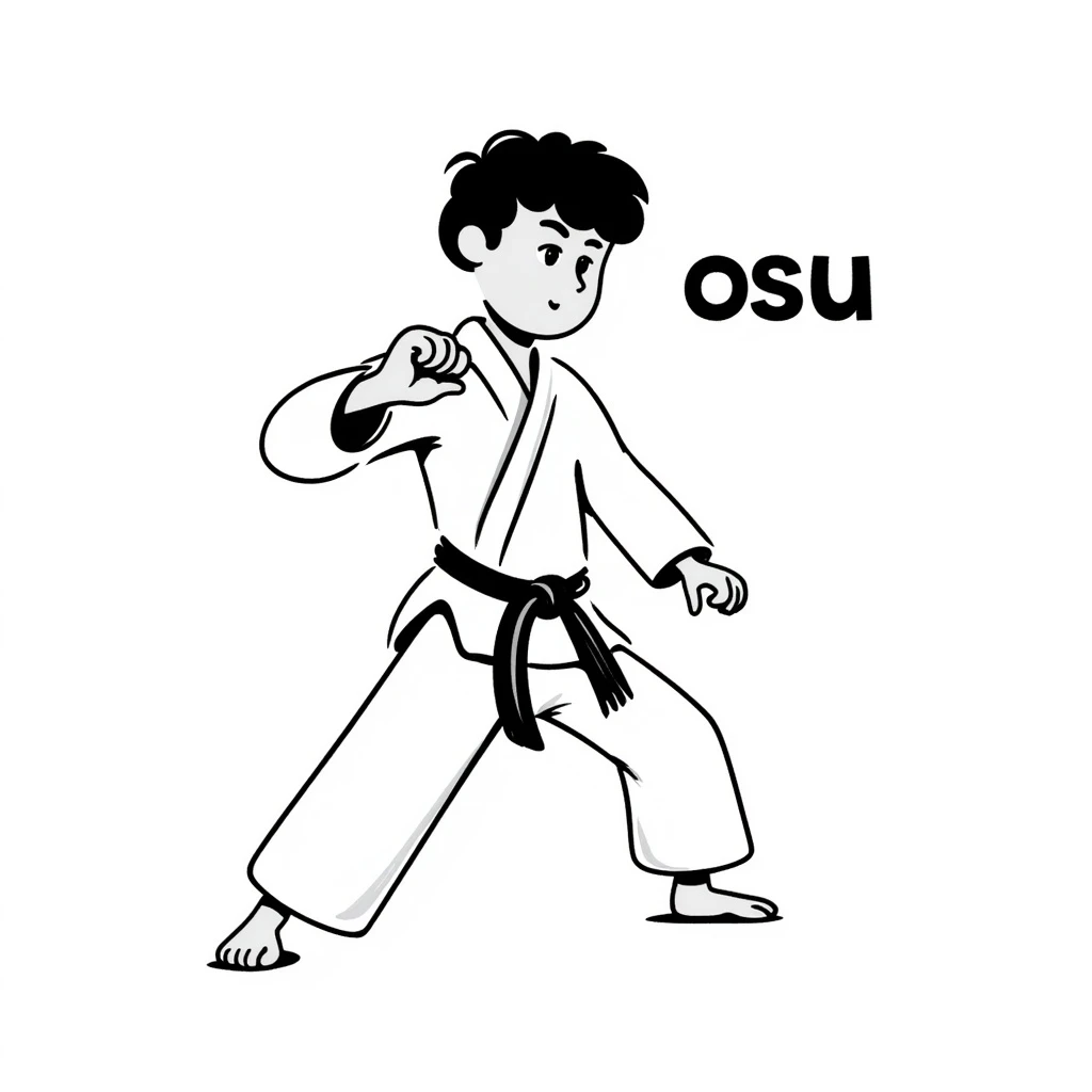 Kyokushin martial artist in white gi, black belt, ready position, with 'osu' text present in hand-drawn notion style emoji