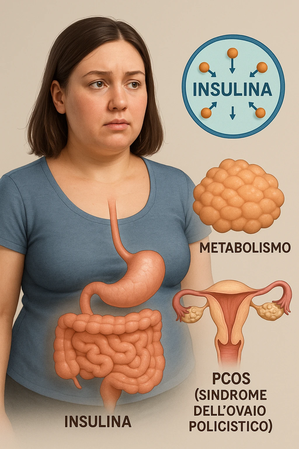 Donna con insulina fuori controllo  in 3D immagine medica donna pcos in italiano basta anche solo un riferimento all'insulina emoji