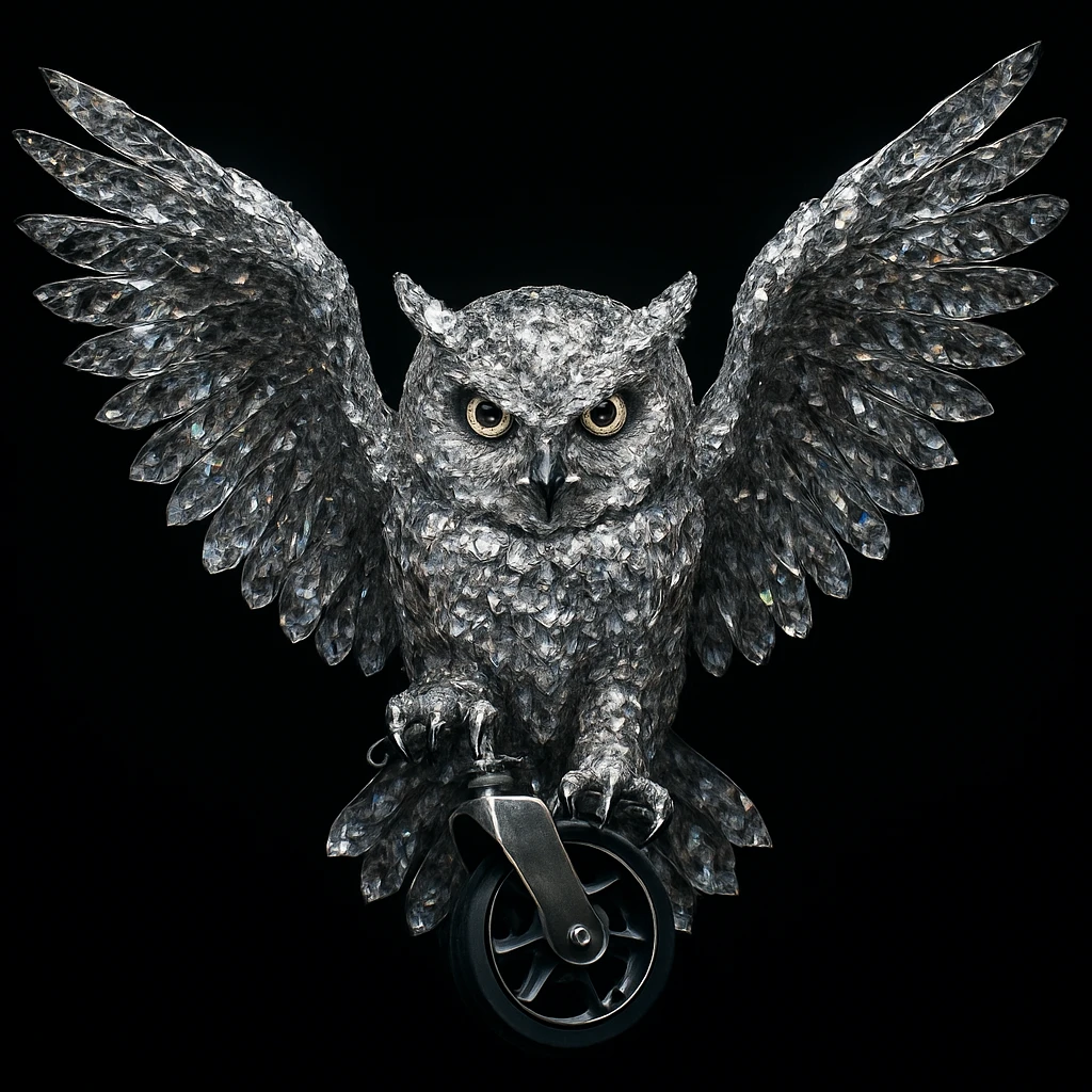 A majestic owl made of sparkling diamonds, crystalline texture, wings fully spread as if landing to catch prey, intense and serious facial expression, piercing beautiful eyes, holding a chair wheel in its claws, ultra detailed, hyper realistic, dramatic lighting, cinematic atmosphere, solid black background, void, nothingness, 8k, high contrast, sharp focus emoji