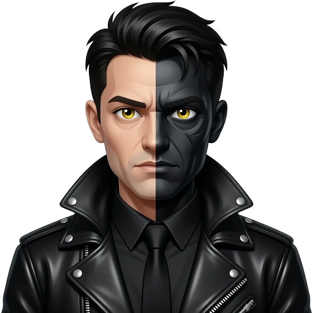 Gothic dark man with yellow eyes and leather jacket, half covered in the shadows emoji