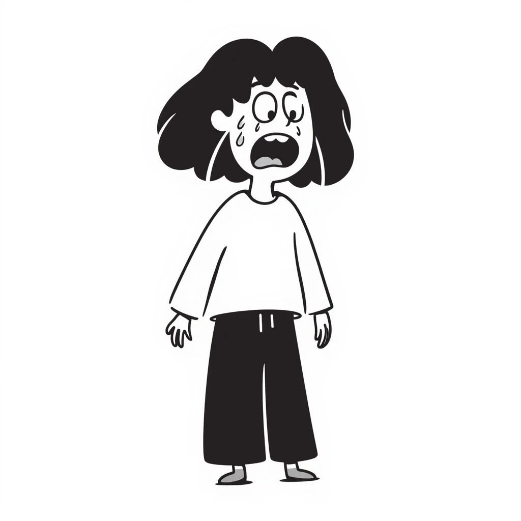 hand-drawn doodle of a person with a crazy expression and crying, messy lines emoji