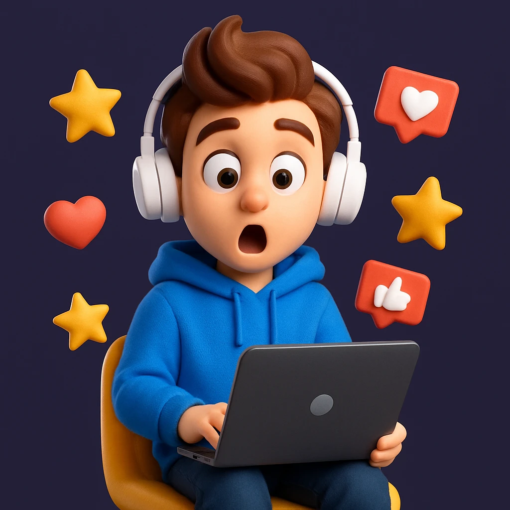 Create a detailed Generation Z character in a cartoonish 3D style with a surprised expression, wearing a blue hoodie, sitting on a yellow chair, holding a laptop and surrounded by floating icons of stars, likes and hearts.
The character should have stylised brown hair, large expressive eyes, white on-ear headphones and a soft, expressive Pixar-style look.
Depict the character in full, centred in the frame, with even studio lighting, soft shadows and a clean dark purple background for contrast. emoji