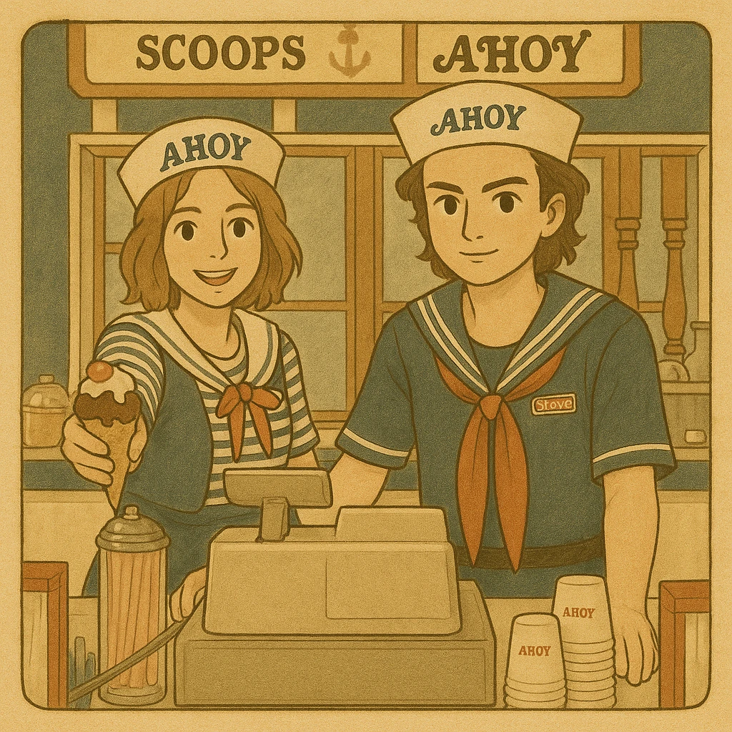 Transform the scene of the ice cream shop from Stranger Things featuring Robin and Steve in Scoops Ahoy uniforms into a delicate Ghibli style illustration. Use dark, thick contours and pastel color tones with a slightly aged texture. The style should match the delicate and textured look of the reference images showing Lucas and Max in the bumper car and Mike and Eleven at the claw machine. emoji