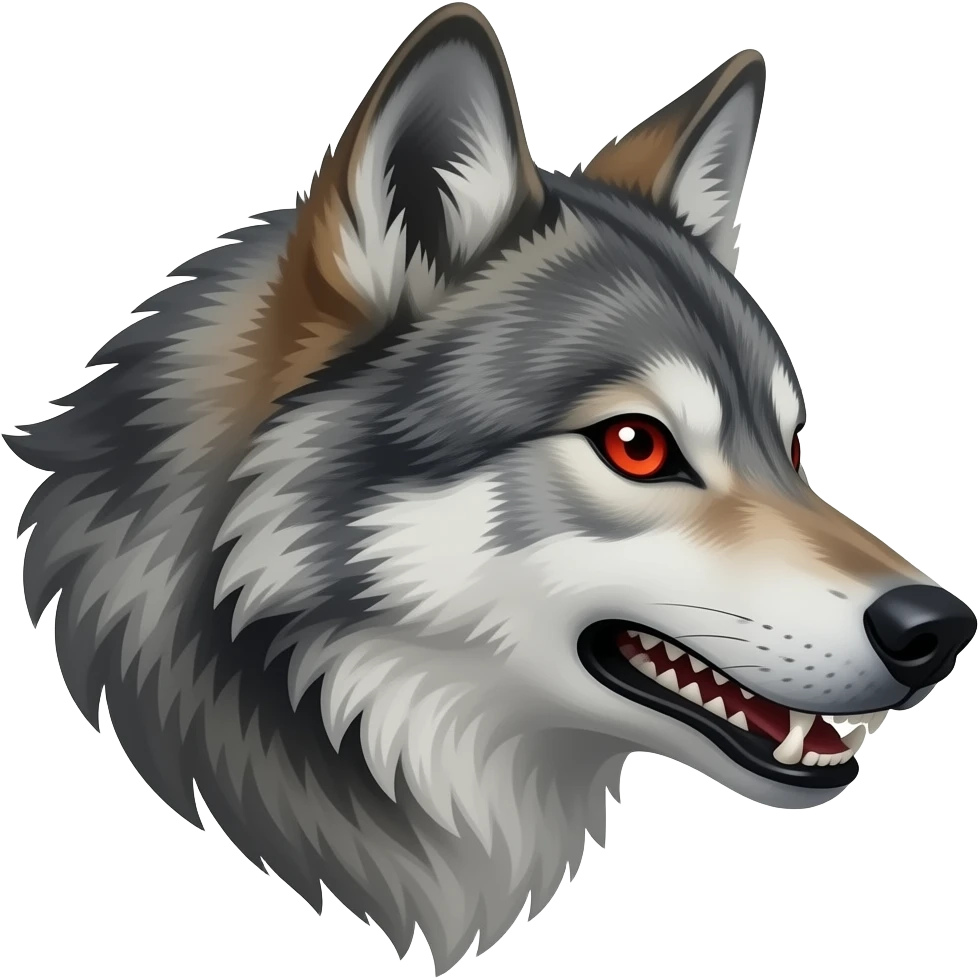 realistic Angry gray wolf with visible red eye only face teeth barred side profile emoji