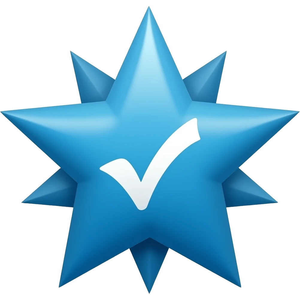 A white colour tick in center of the blue colour 12 sided equal spikes star like shape. emoji