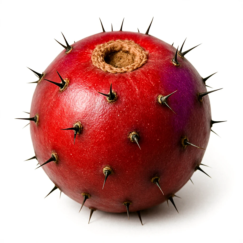 Make the Stenocereus fruit surface rougher and more irregular, with prominent natural bumps and scars where the spikes are. Blend the green, purple, and red colors more organically and subtly, avoiding obvious or artificial gradients. Keep the background white. emoji