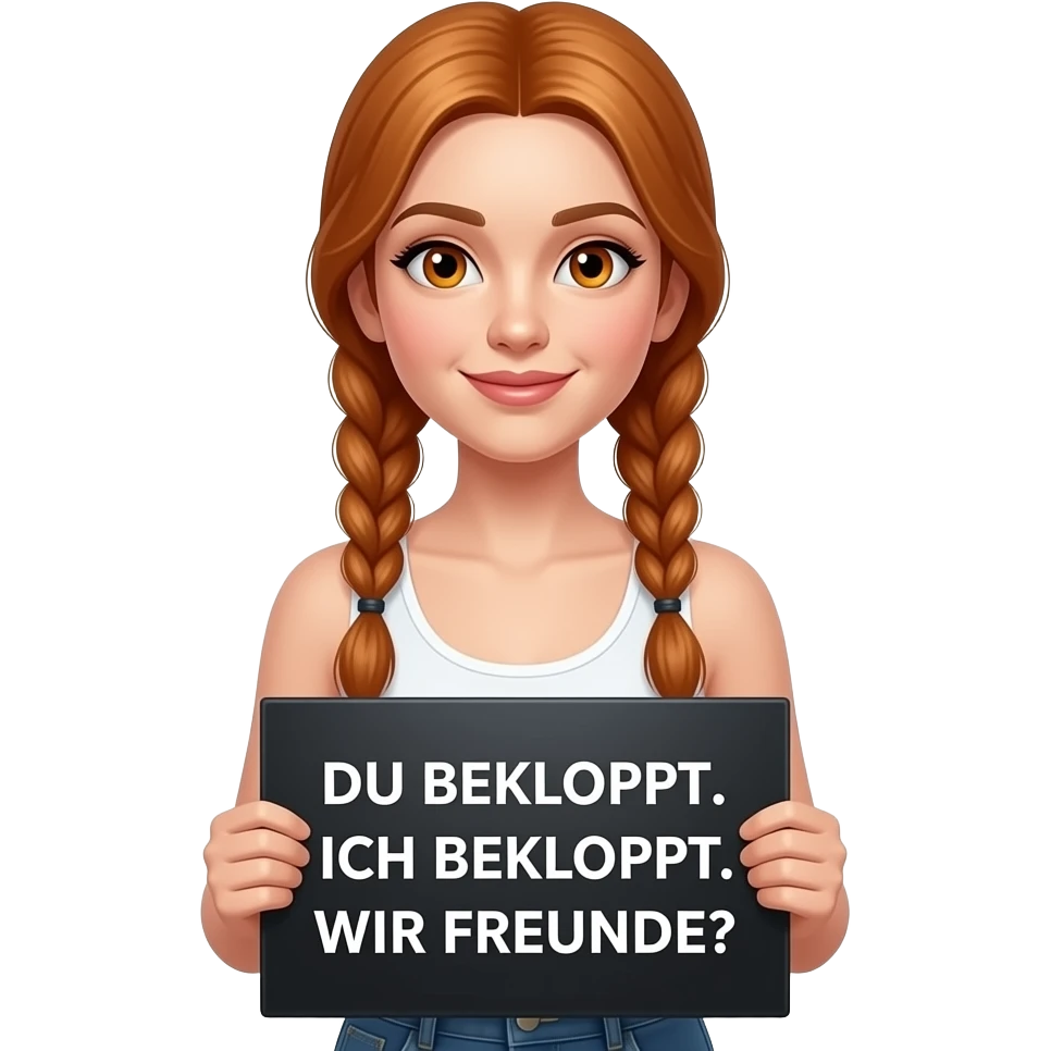 sexy girl with long ginger braids and ginger eyes wearing a white tanktop is holding a black sign with DU BEKLOPPT. ICH BEKLOPPT. WIR FREUNDE? written on it emoji