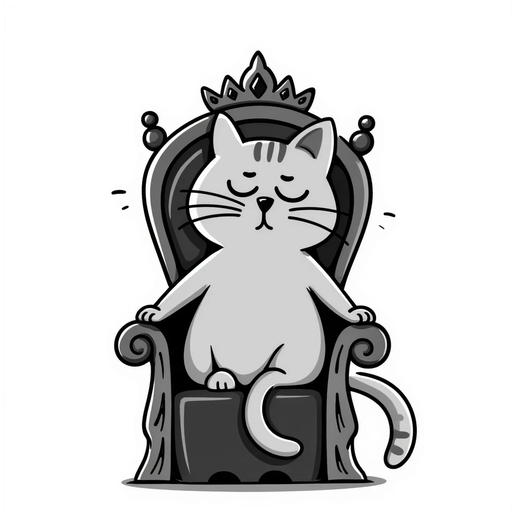 A gray cat with a black nose sitting on a throne looking at the world with disgust emoji