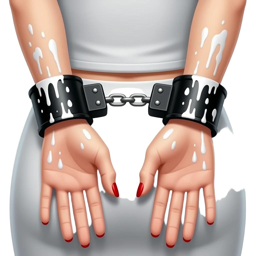 Sexy Woman’s hands red nails behind back in black leather hand cuffs splattered in a lot ofwhite paint close-up emoji