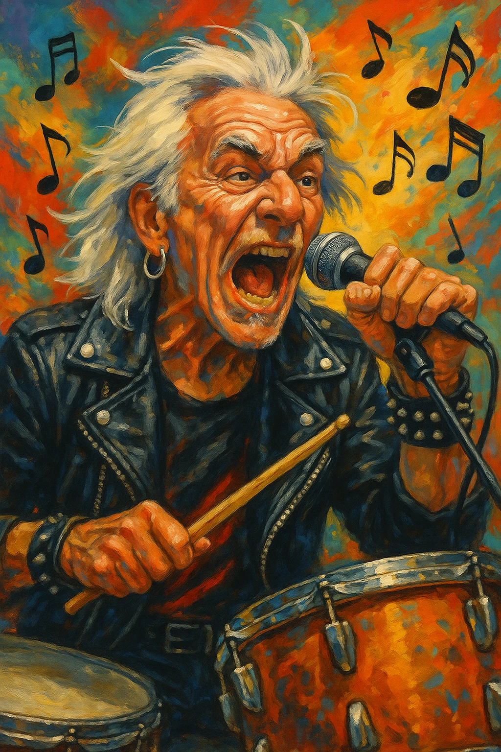 senior rocker drummer singing into mic with wild expression, earrings, classic rock outfit, energetic, music notes, lively background emoji