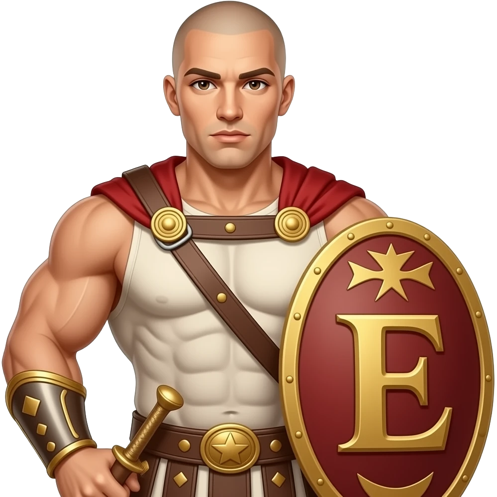 Muscular Roman soldier bald with brown eyes the Letter E on the shield with empress in bed toppless she has bigger boobs emoji